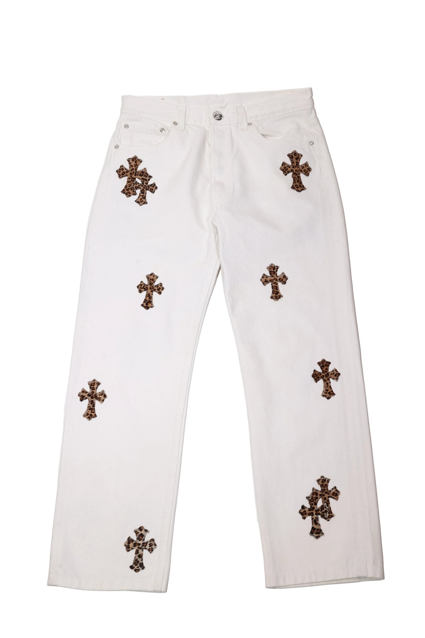 ($14,700) Chrome Hearts Cheetah Cross Patch White Levi Jeans