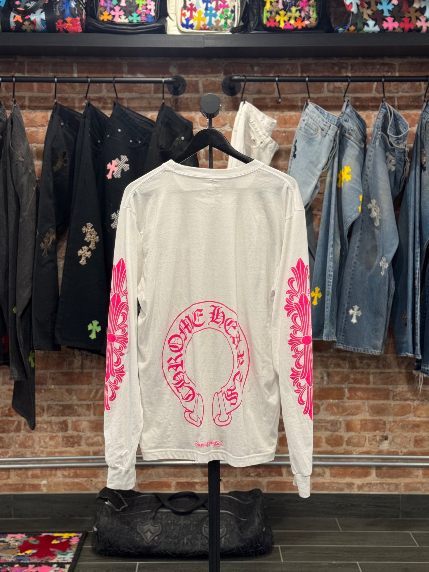 Chrome Hearts White/Pink Floral Horseshoe Logo Longsleeve T-shirt