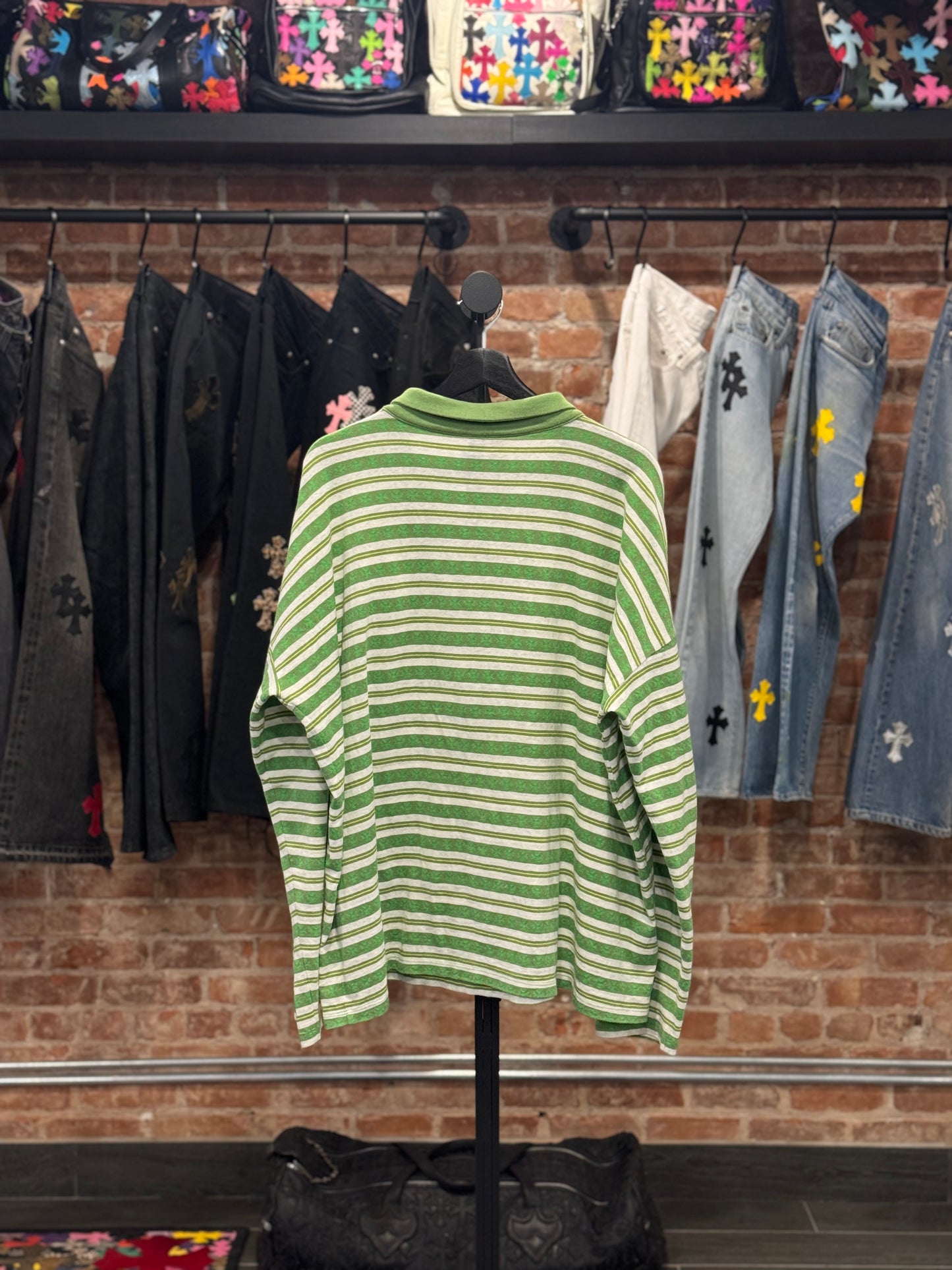 Chrome Hearts Green Striped Long Sleeve Polo