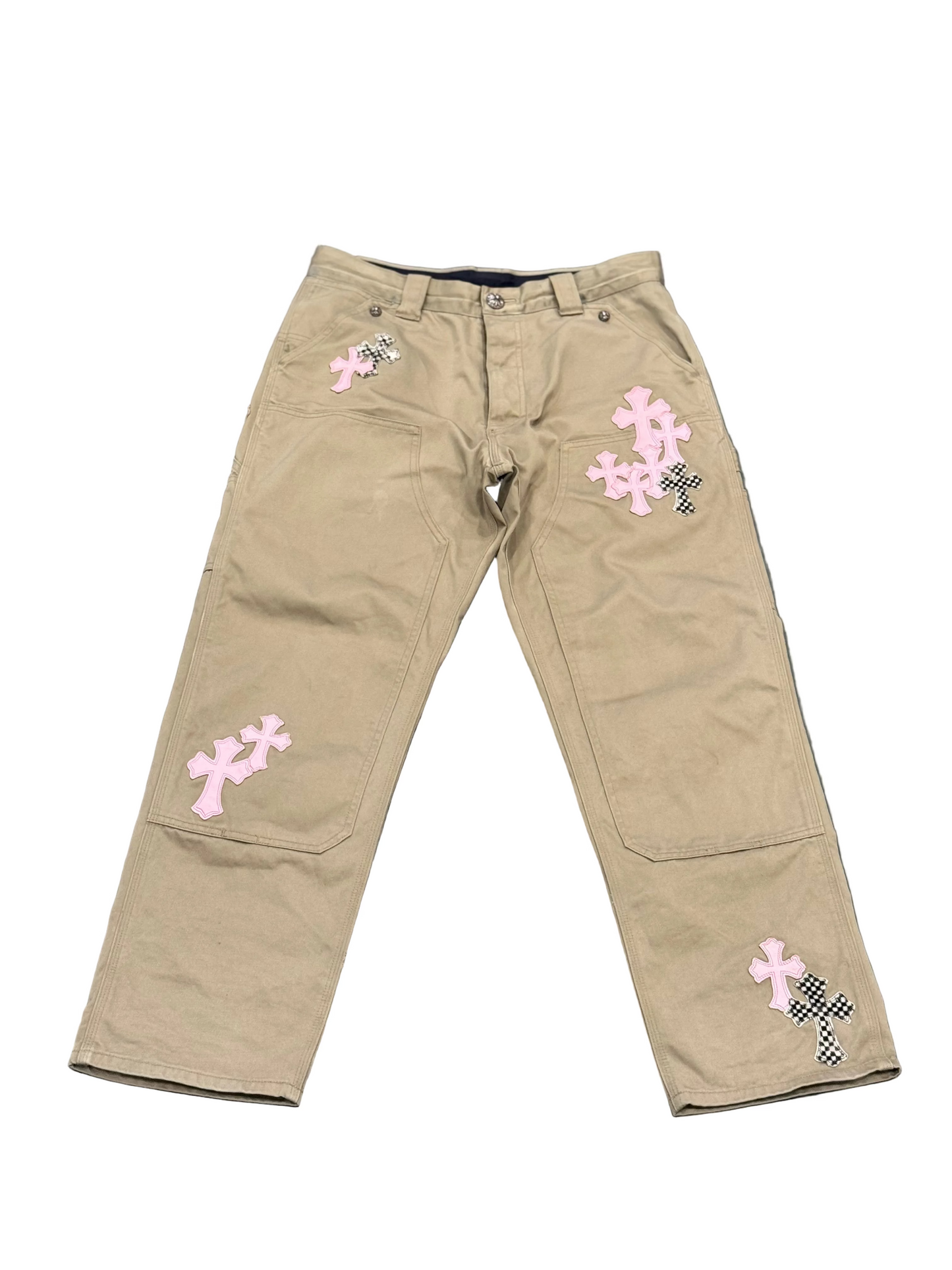 ($18,375) Chrome Hearts Pink & Checker Cross Patch Tan Carpenter Pants