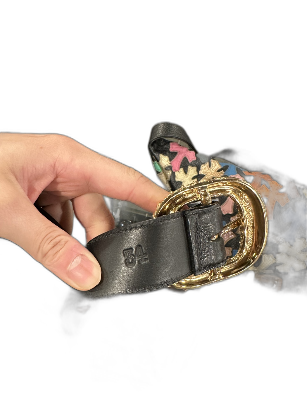 Chrome Hearts Black Leather Belt Gold Scrollwork Buckle - Authentication