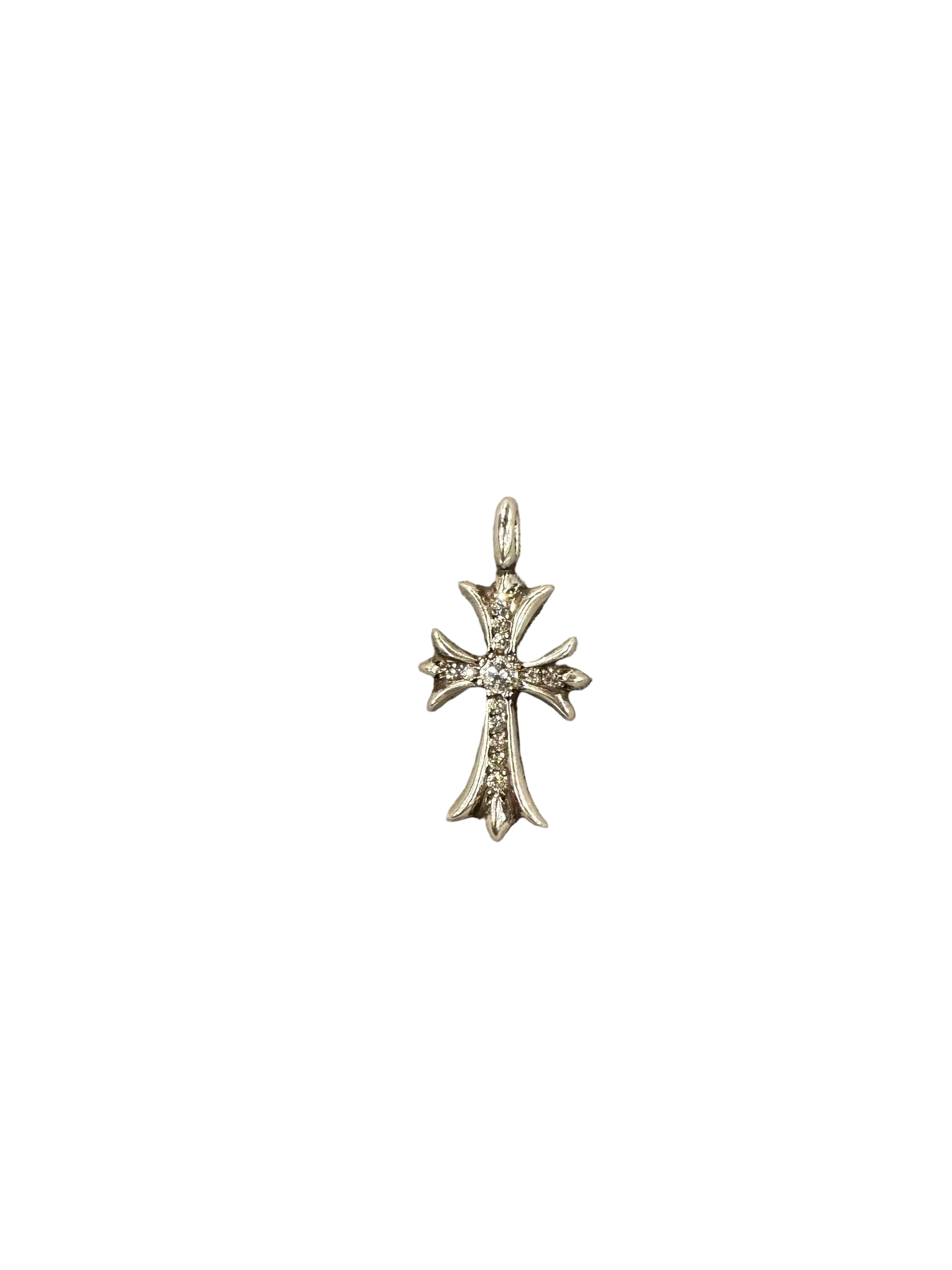 Chrome Hearts Sterling Silver Diamond Pave Tiny Floral Cross Pendant 1 in