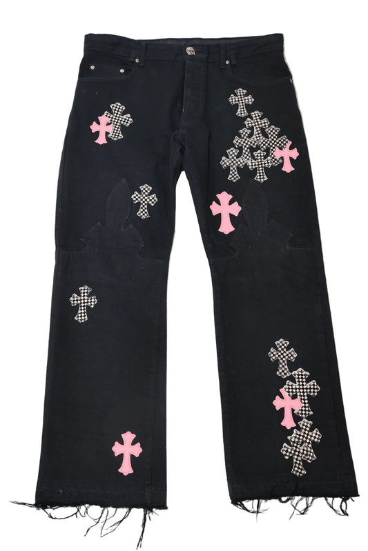 ($17,325) Chrome Hearts PInk & Checker Cross Patch Fleur Knee Pants