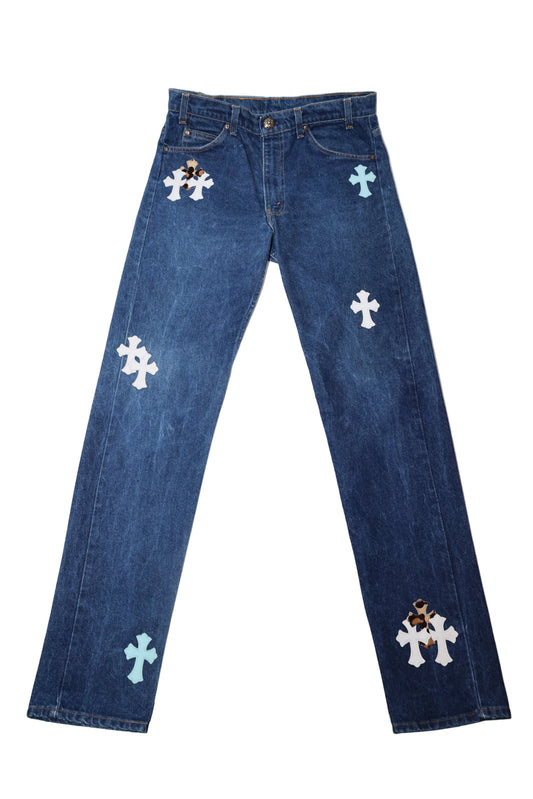 ($31,500) Chrome Hearts Blue & Cheetah Cross Patch St Barth Levi Jeans