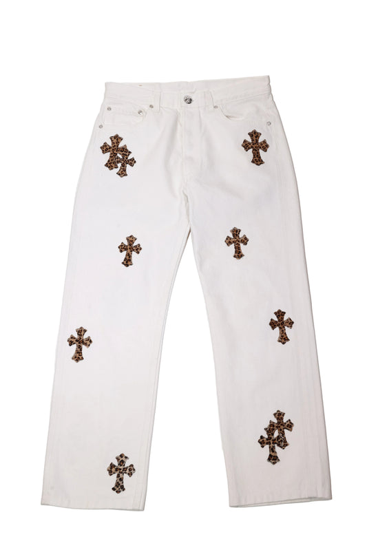 ($14,700) Chrome Hearts Cheetah Cross Patch White Levi Jeans