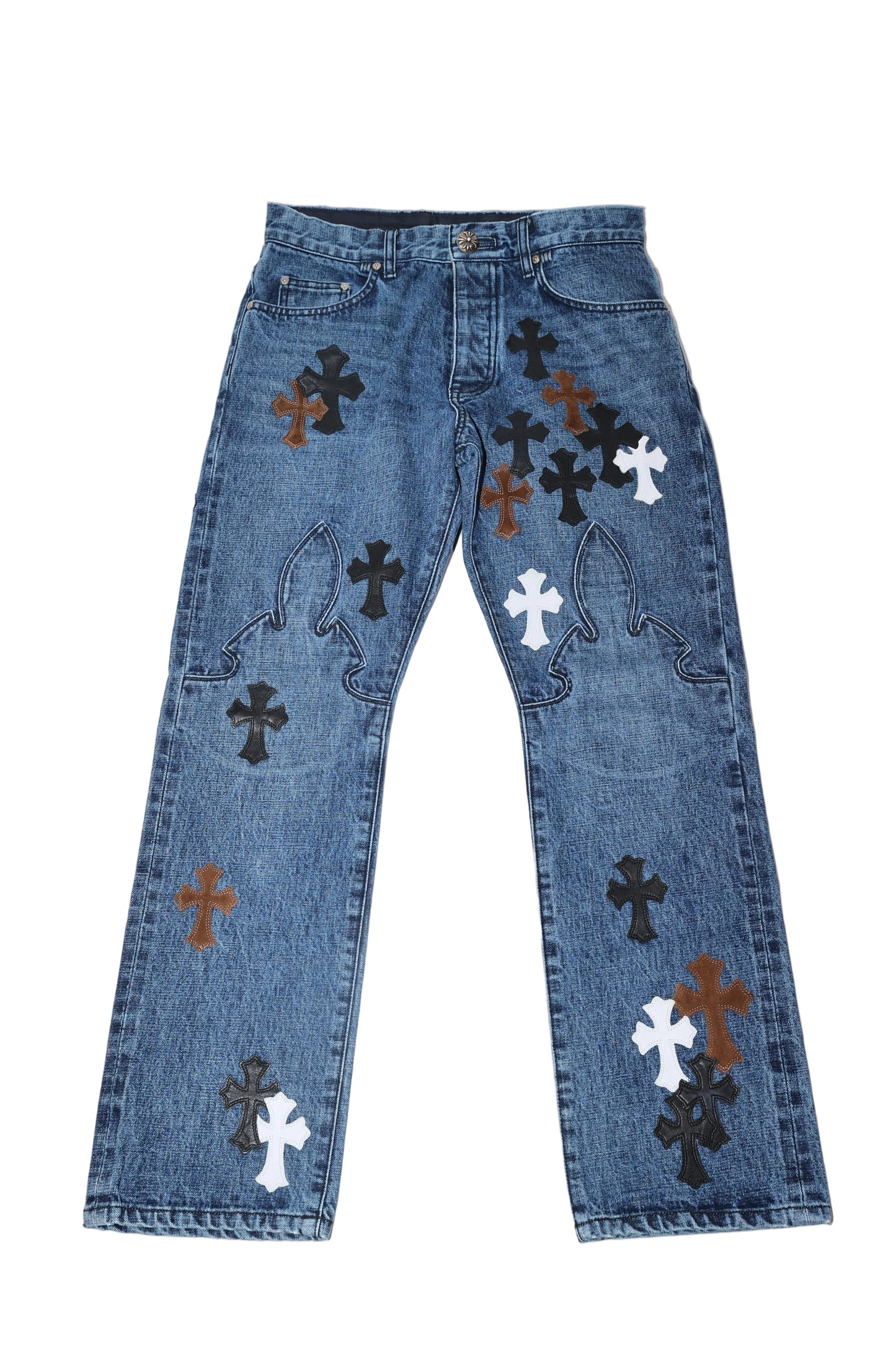 ($18,375) Chrome Hearts Black Brown White Cross Patch Fleur Knee Pants