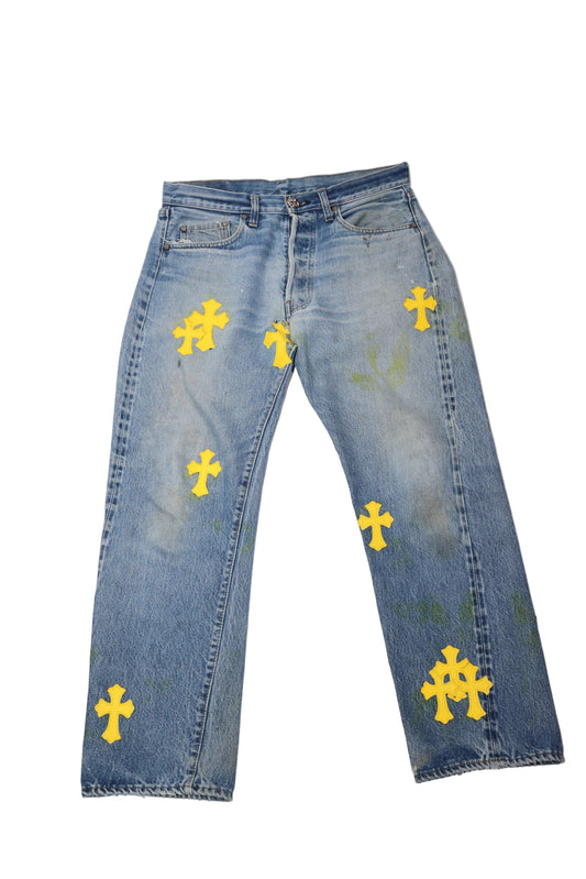 ($19,950) Chrome Hearts Yellow Cross Patch Levi Jeans