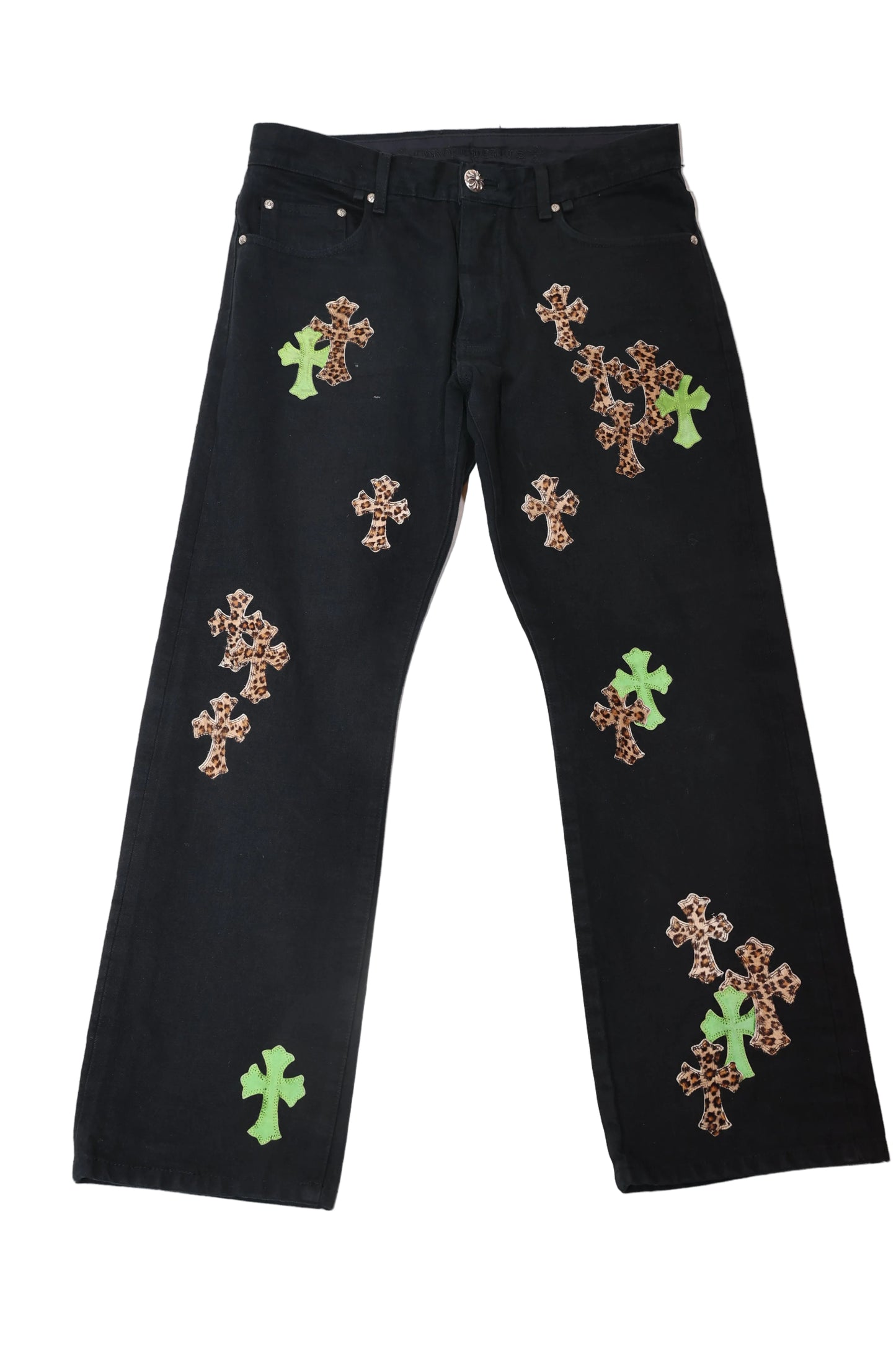 ($17,325) Chrome Hearts Green & Leopard Cross Patch Jeans