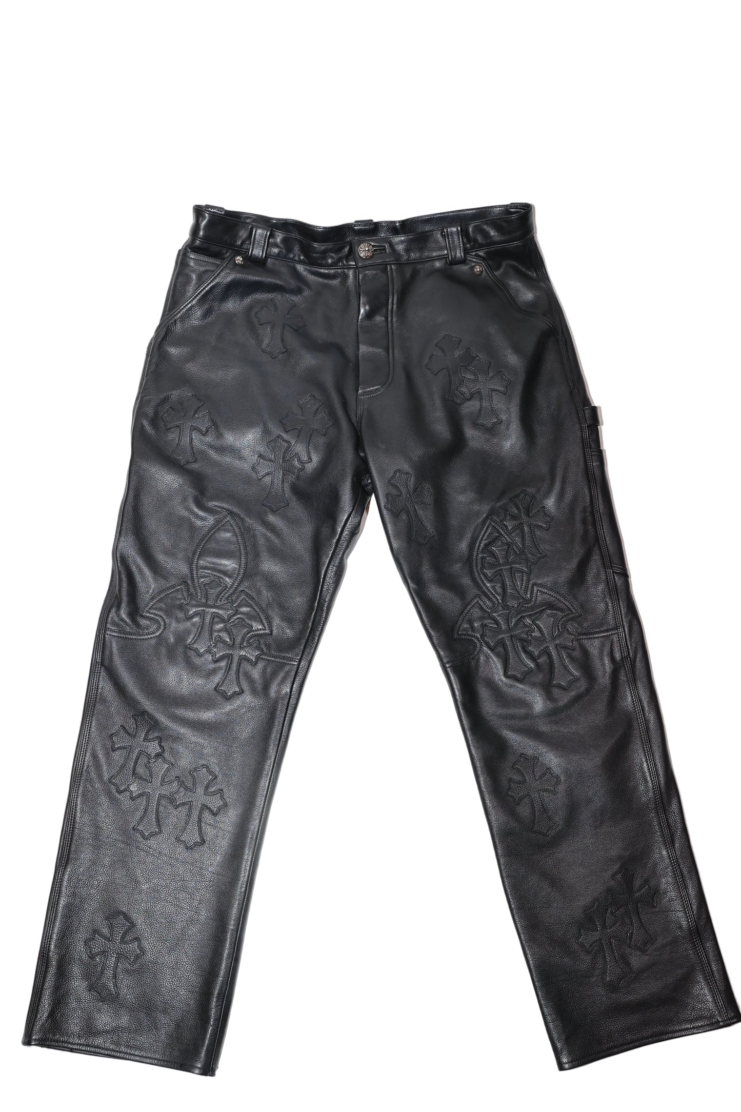 ($27,300) Chrome Hearts Black Cross Patch Leather Fleur Knee Pants