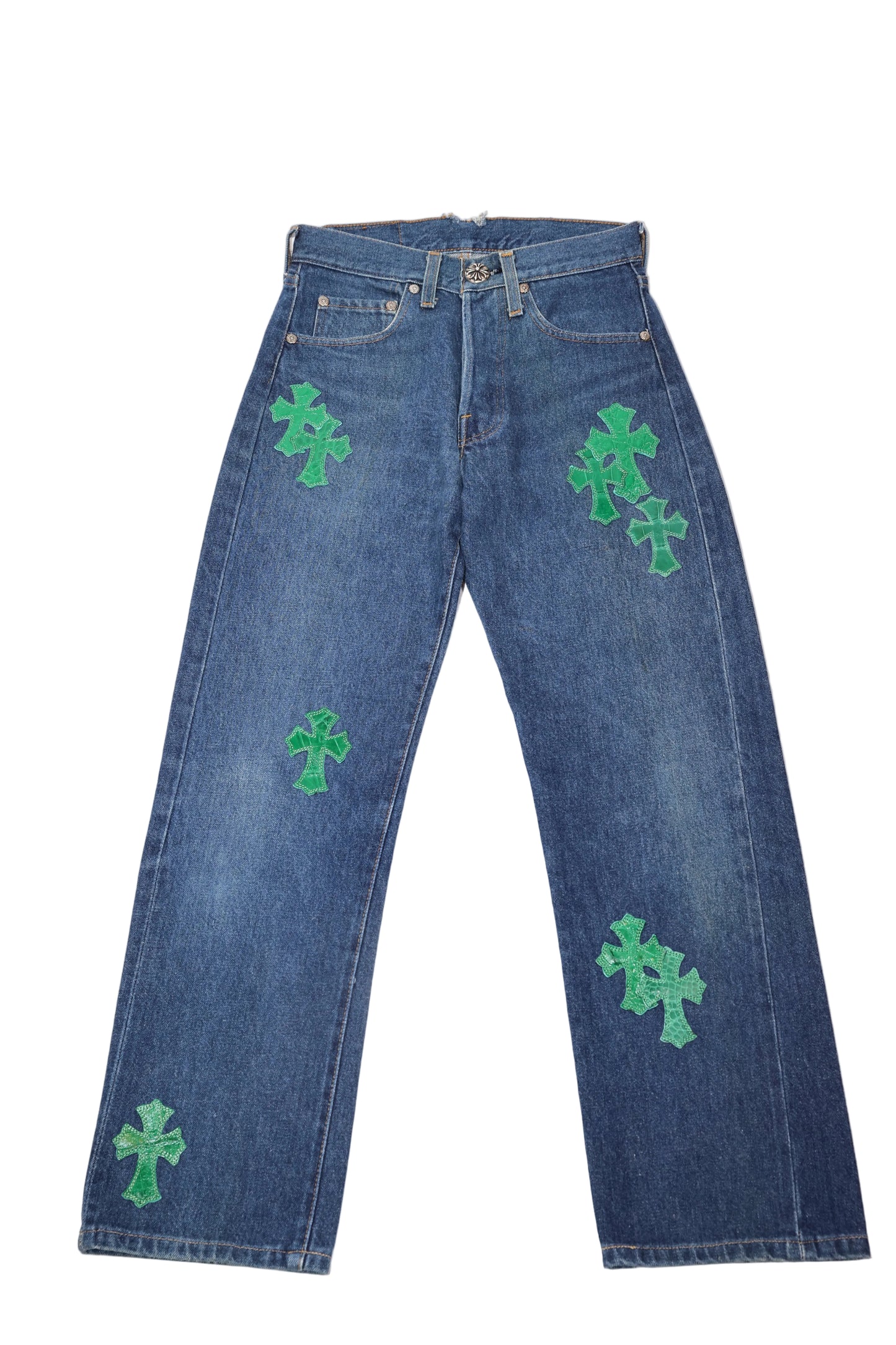 ($73,500) Chrome Hearts Green Crocodile Cross Patch Levi Jeans