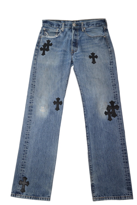 ($14,175) Chrome Hearts Black Cross Patch Levi Jeans