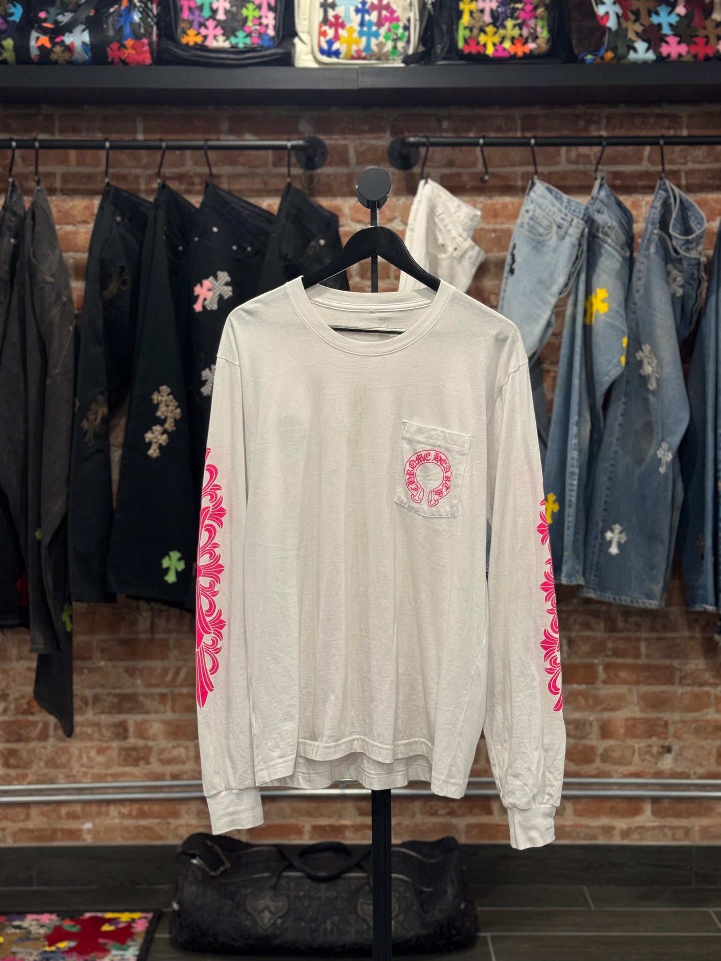 Chrome Hearts White/Pink Floral Horseshoe Logo Longsleeve T-shirt