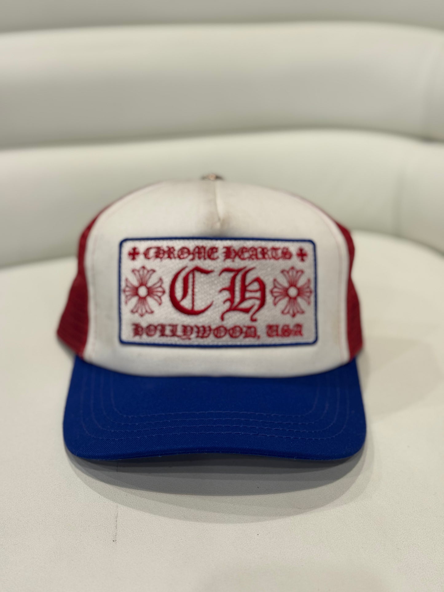 Chrome Hearts Blue/White/Red Hollywood CH Trucker Hat