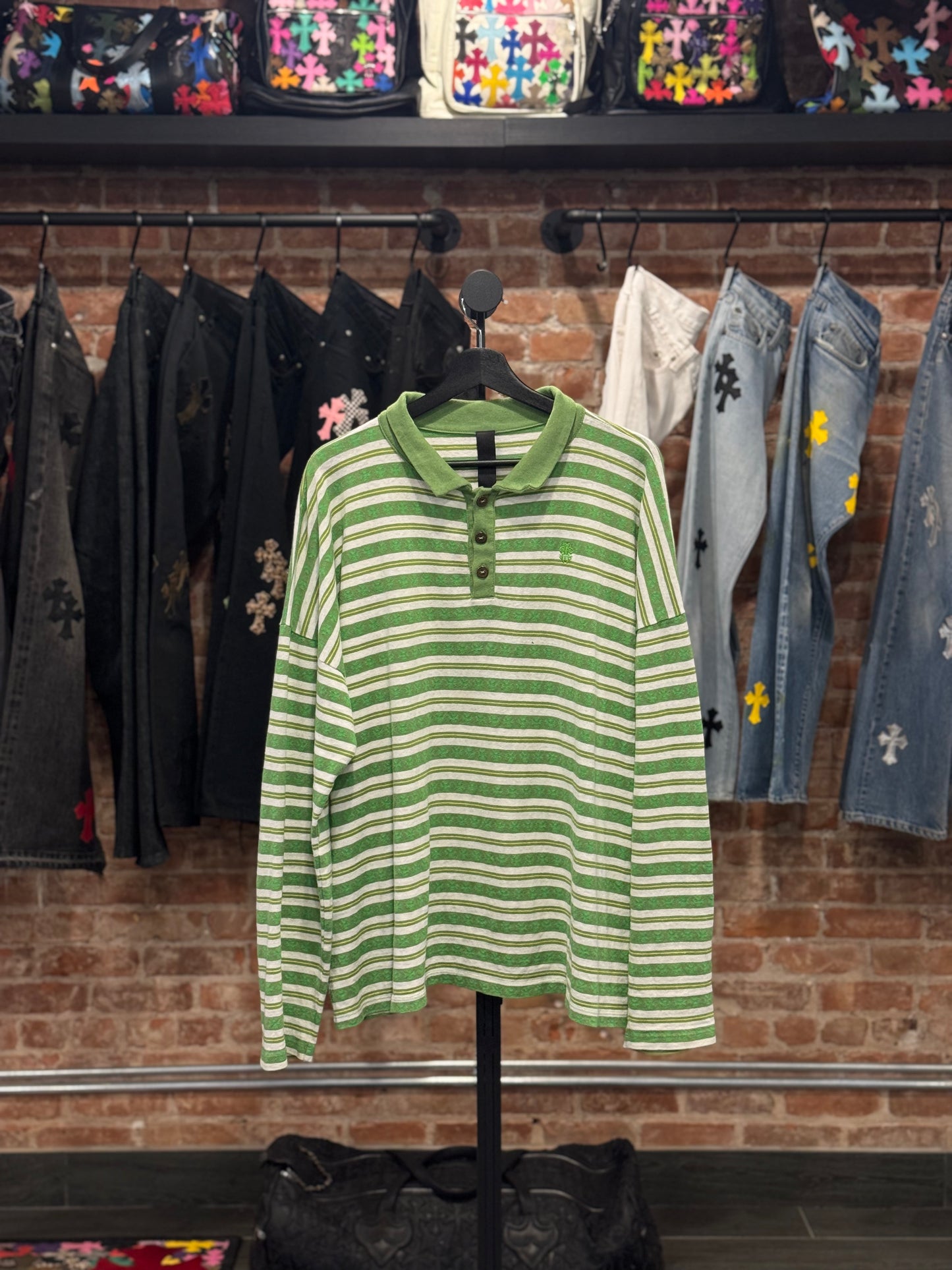Chrome Hearts Green Striped Long Sleeve Polo