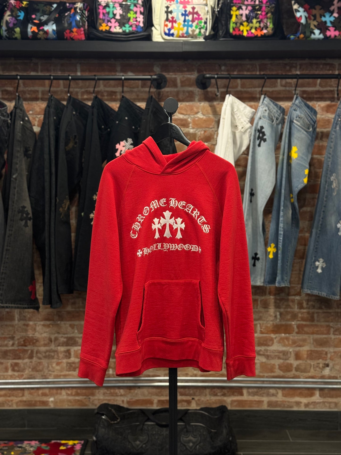 Chrome Hearts Red Embroidered Triple Cross Hollywood Hoodie
