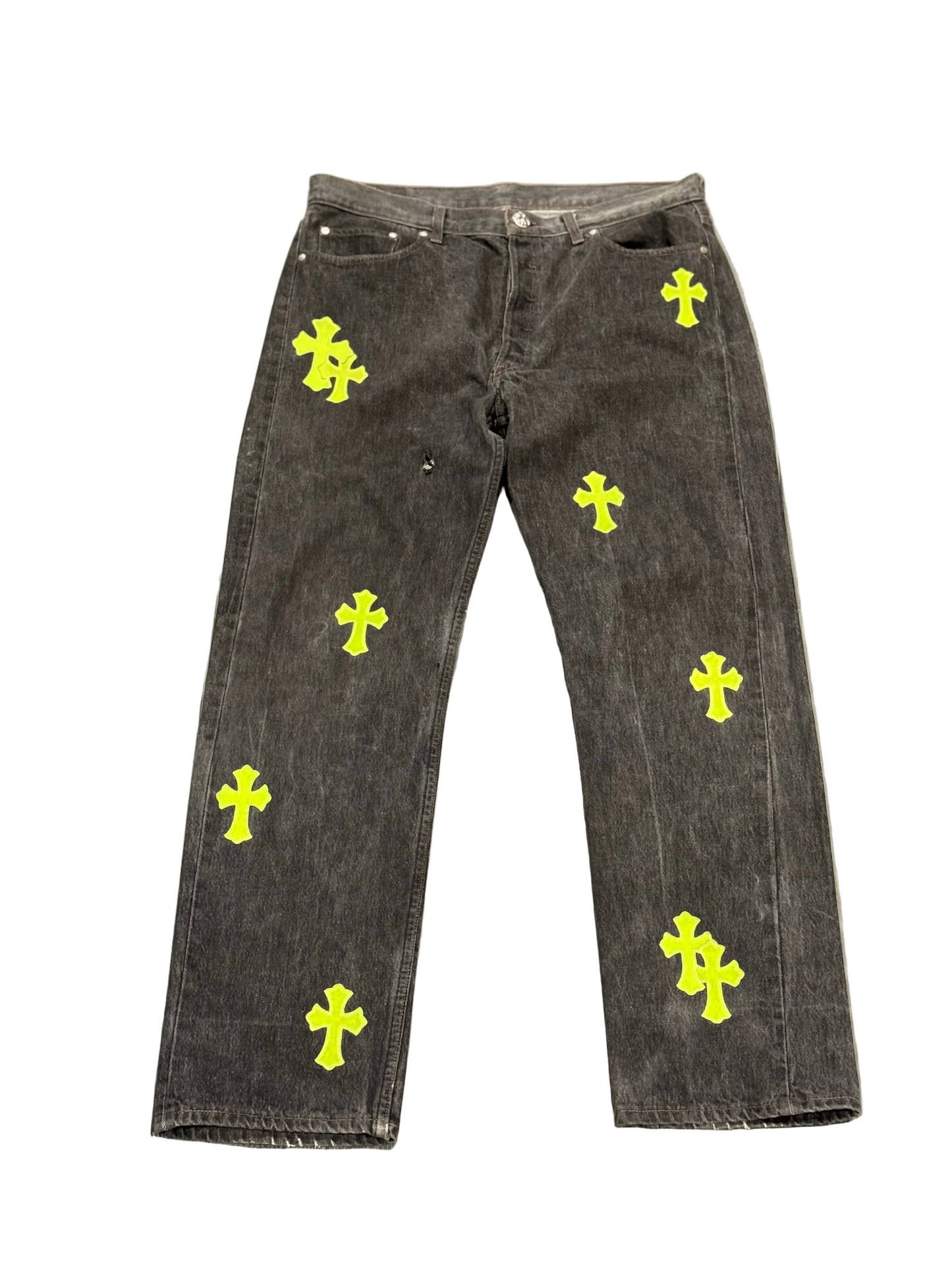 ($27,300) Chrome Hearts Neon Green Cross Patch Levi Jeans