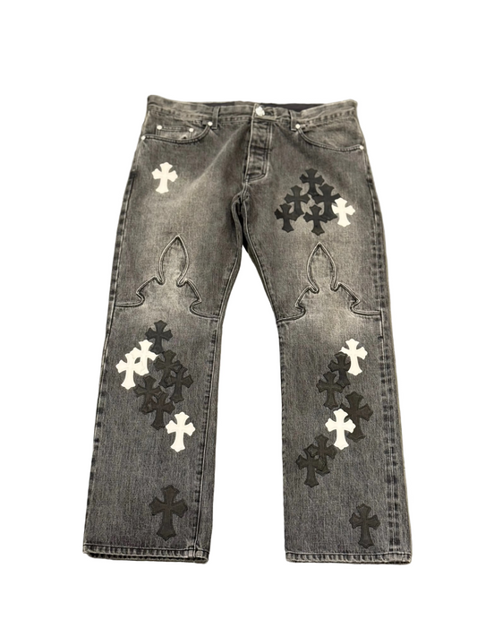($29,925) Chrome Hearts Fleur Knee Cross Patch Black Jeans