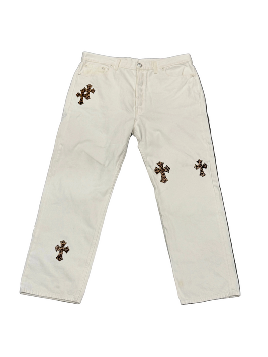 ($16,800) Chrome Hearts Cheetah Patch White Levis Jeans
