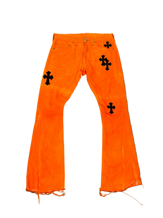 ($15,750) Chrome Hearts Cross Patch Orange Flared Levi Jeans