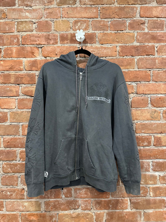 Chrome Hearts Black Tonal Floral Cross Embroidered Zip-Up Hoodie L - Front