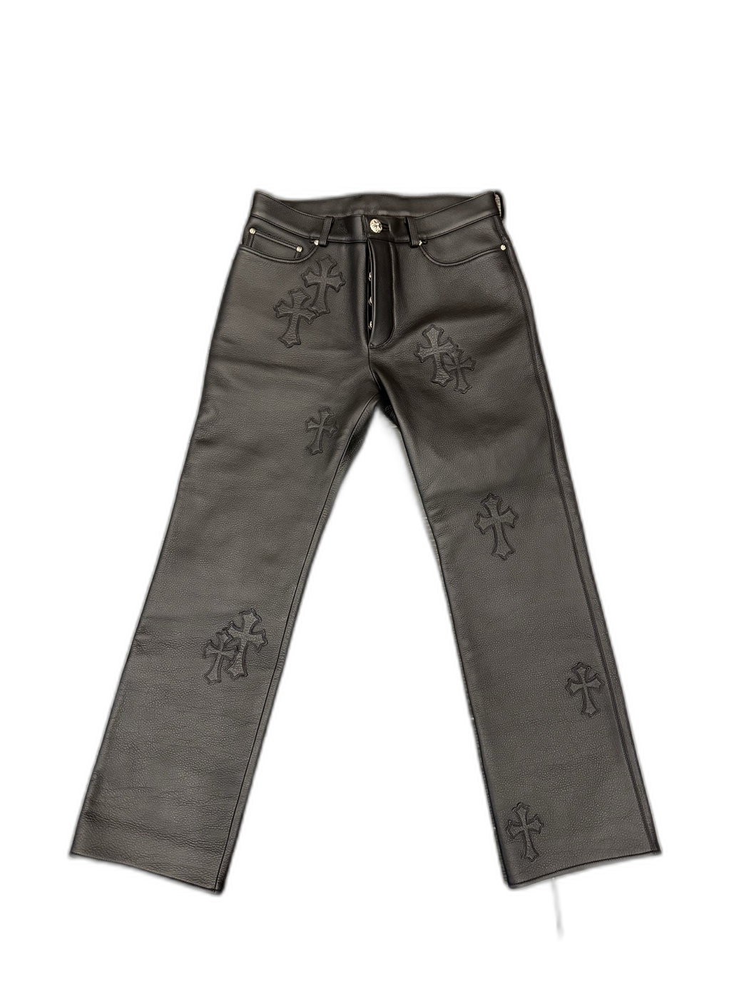 Chrome Hearts Black Leather Cross Patch Pants - Front