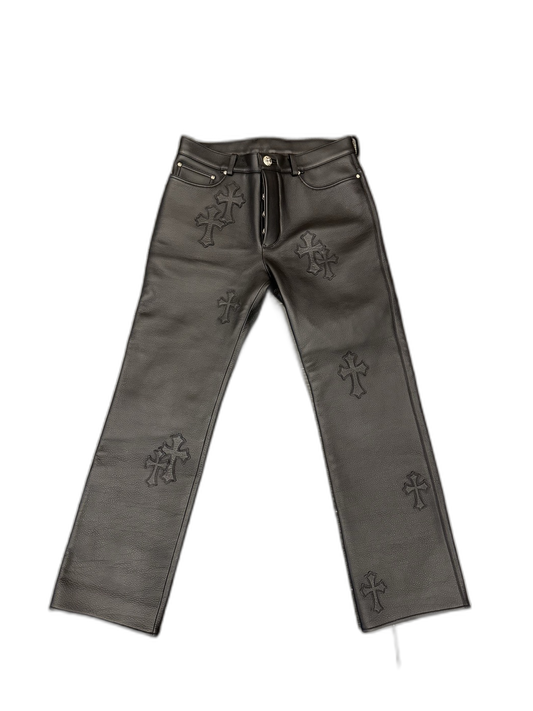 Chrome Hearts Black Leather Cross Patch Pants - Front