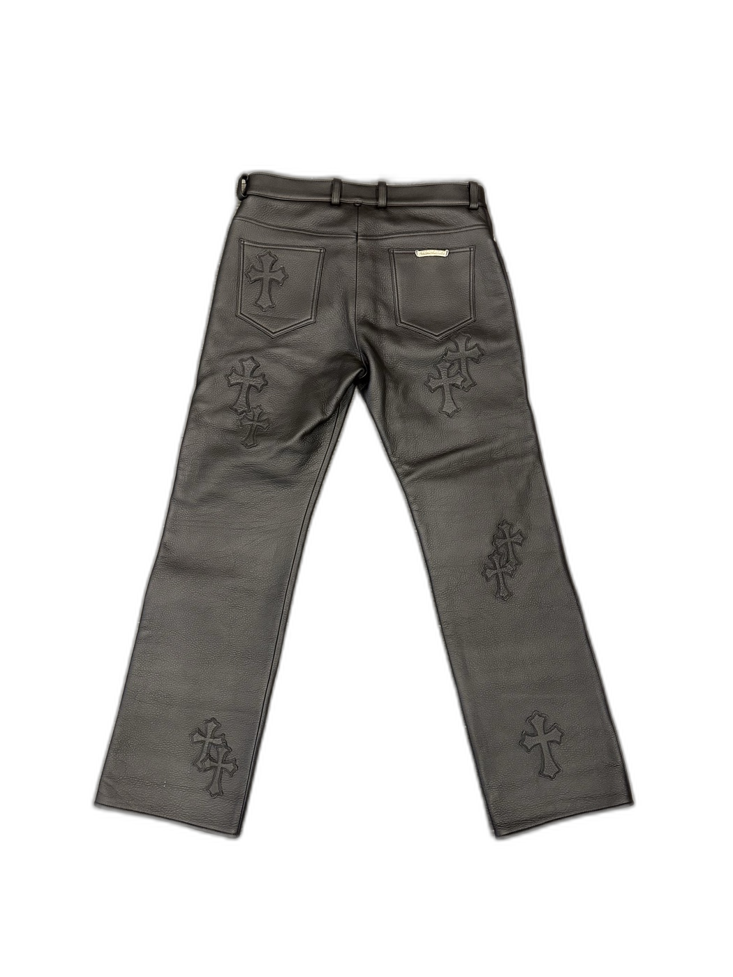 Chrome Hearts Black Leather Cross Patch Pants - back bg-removed