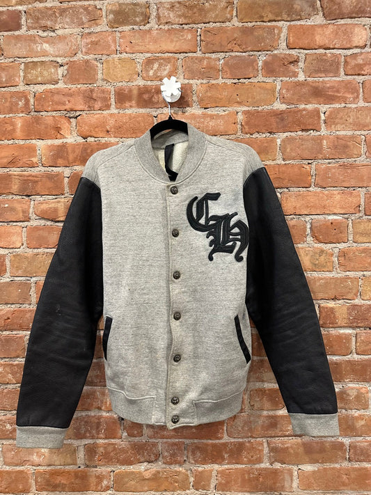 Chrome Hearts Gray Leather Sleeve Varsity Jacket - Front