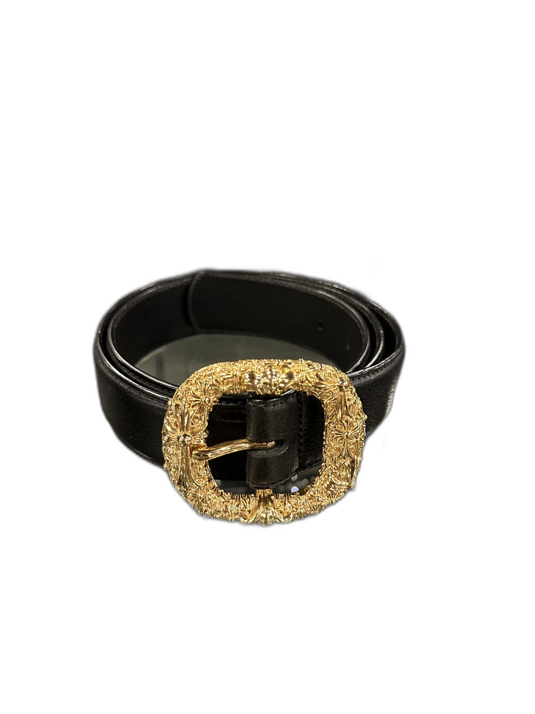 Chrome Hearts Black Leather Belt Gold Scrollwork Buckle - Front