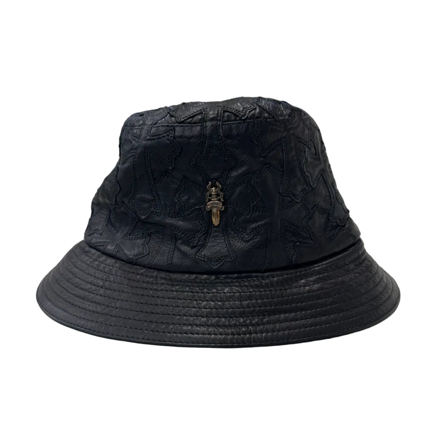 Chrome Hearts Black leather cross patch bucket hat