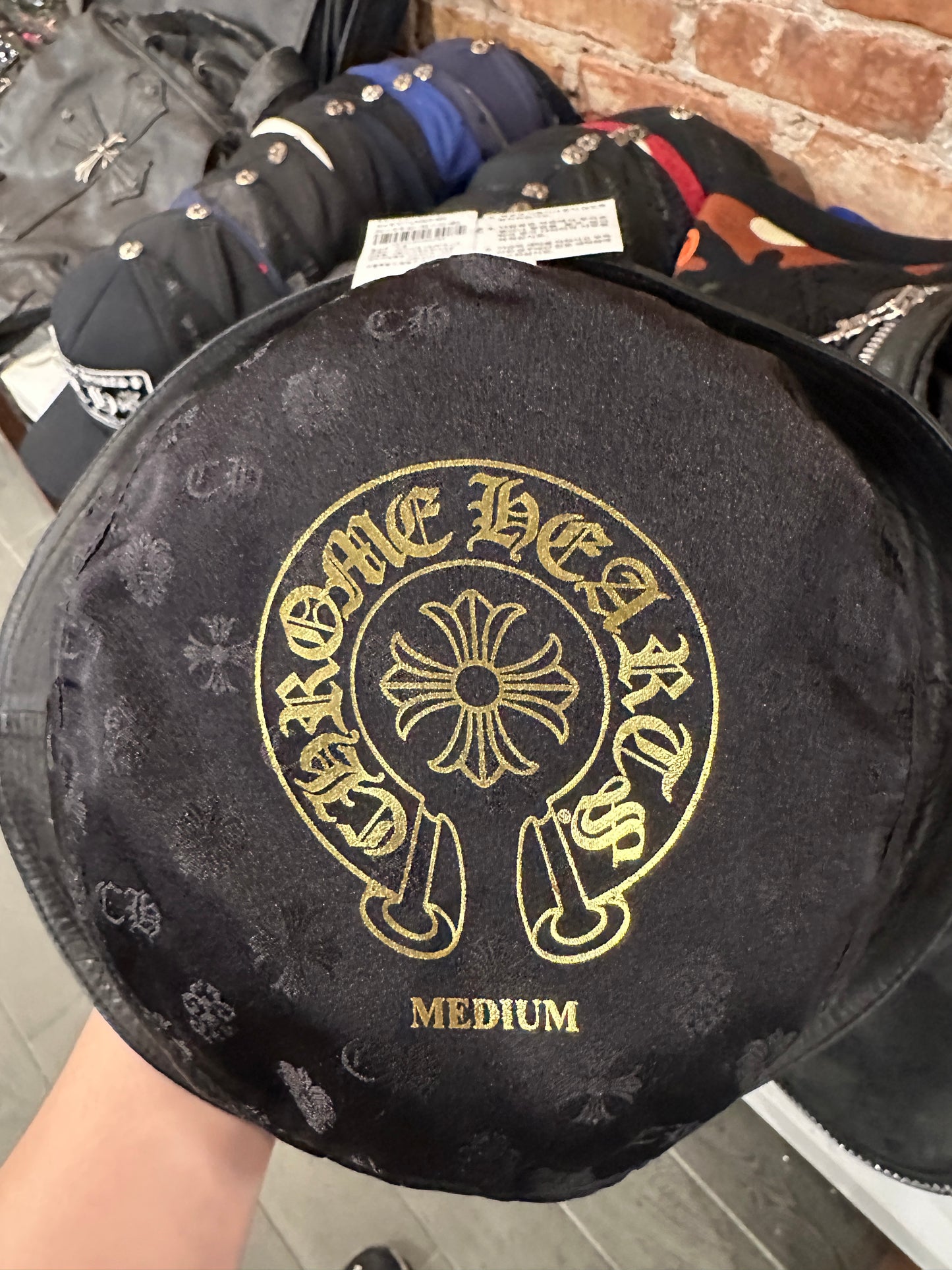 Chrome Hearts Black leather cross patch bucket hat
