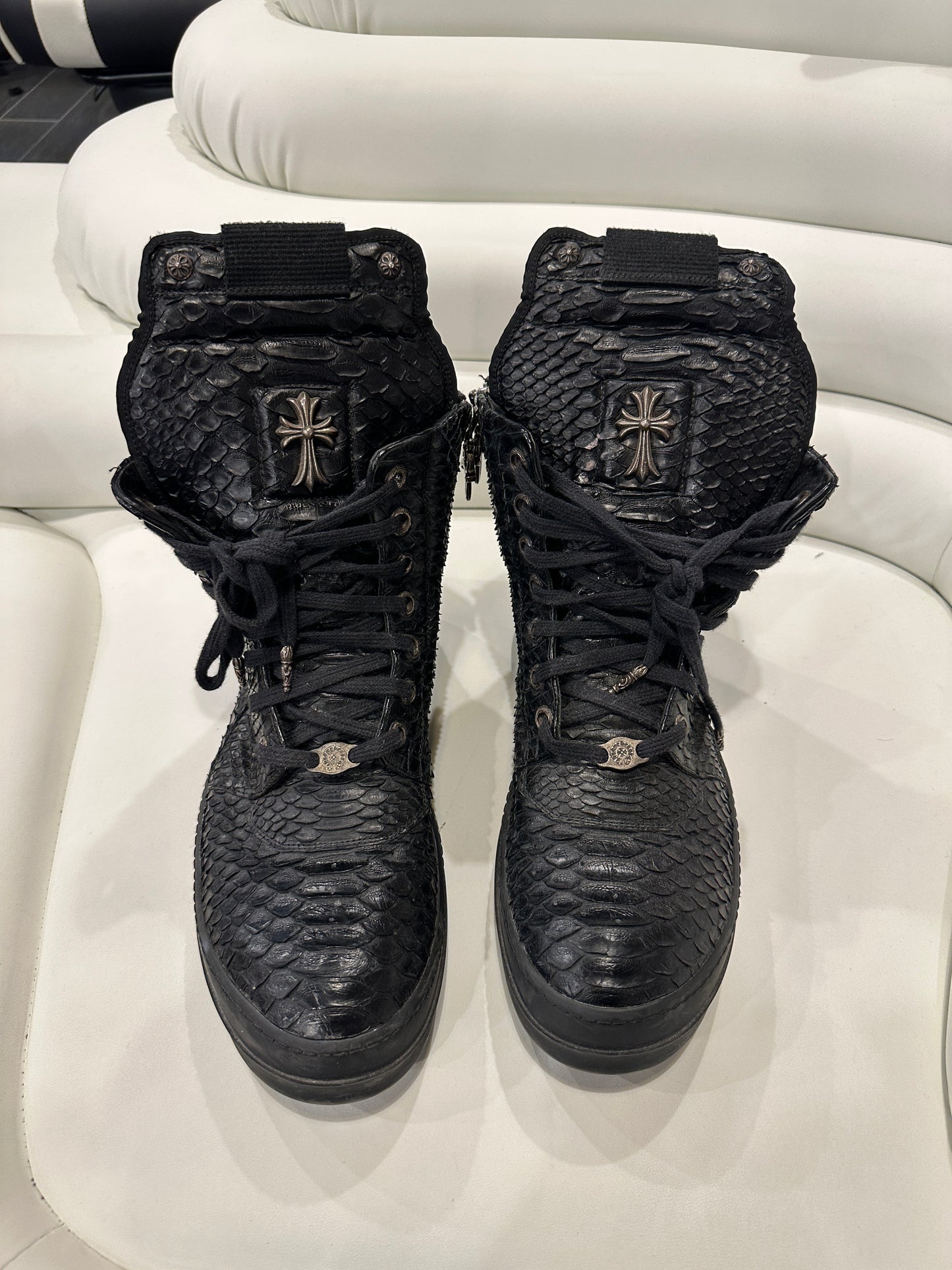 ($14,500) Chrome Hearts x Rick Owens Geobasket sneakers in black python skin Sz 44