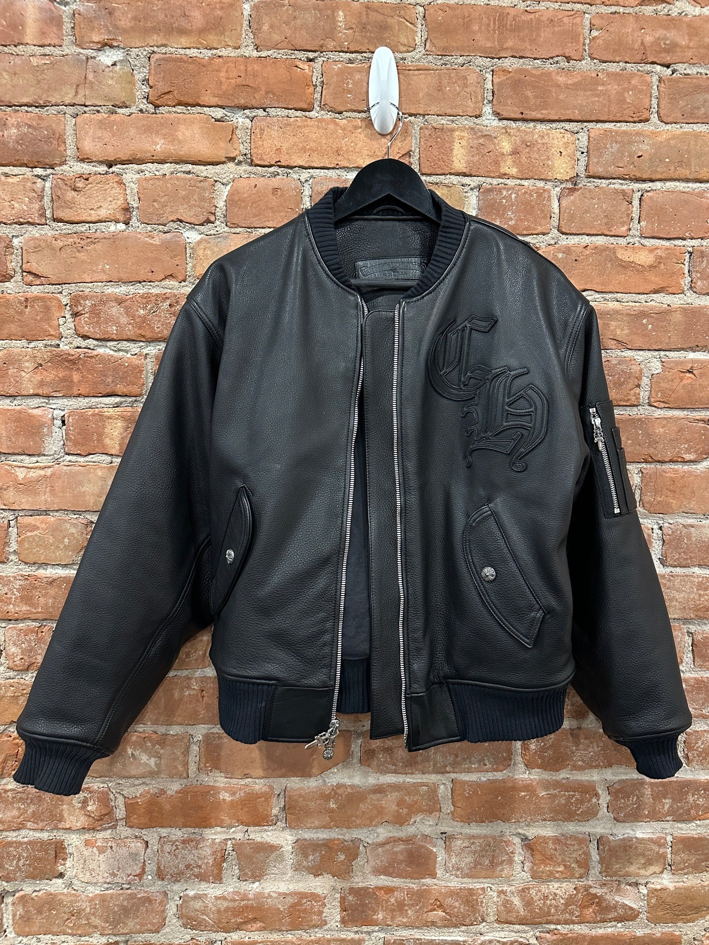 ($14,500) Chrome Hearts CH Patch leather bomber jacket Sz S