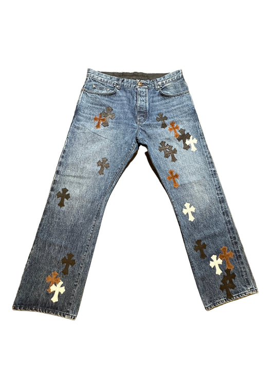 ($17,500) Chrome Hearts Blue Multi-cross jeans sz 36