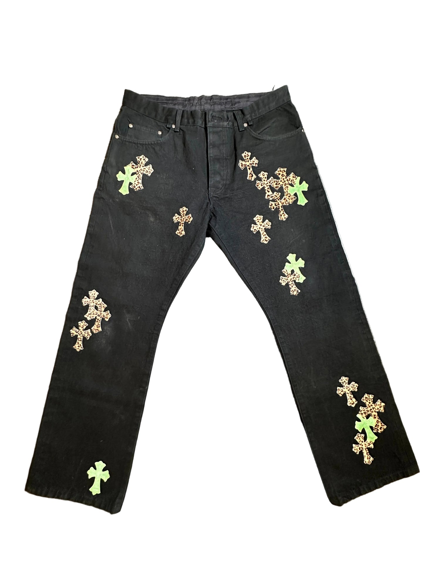 ($17,000) Chrome Hearts Black Green & Leopard Cross Patch Jeans sz 36