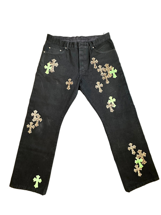 ($17,000) Chrome Hearts Black Green & Leopard Cross Patch Jeans sz 36