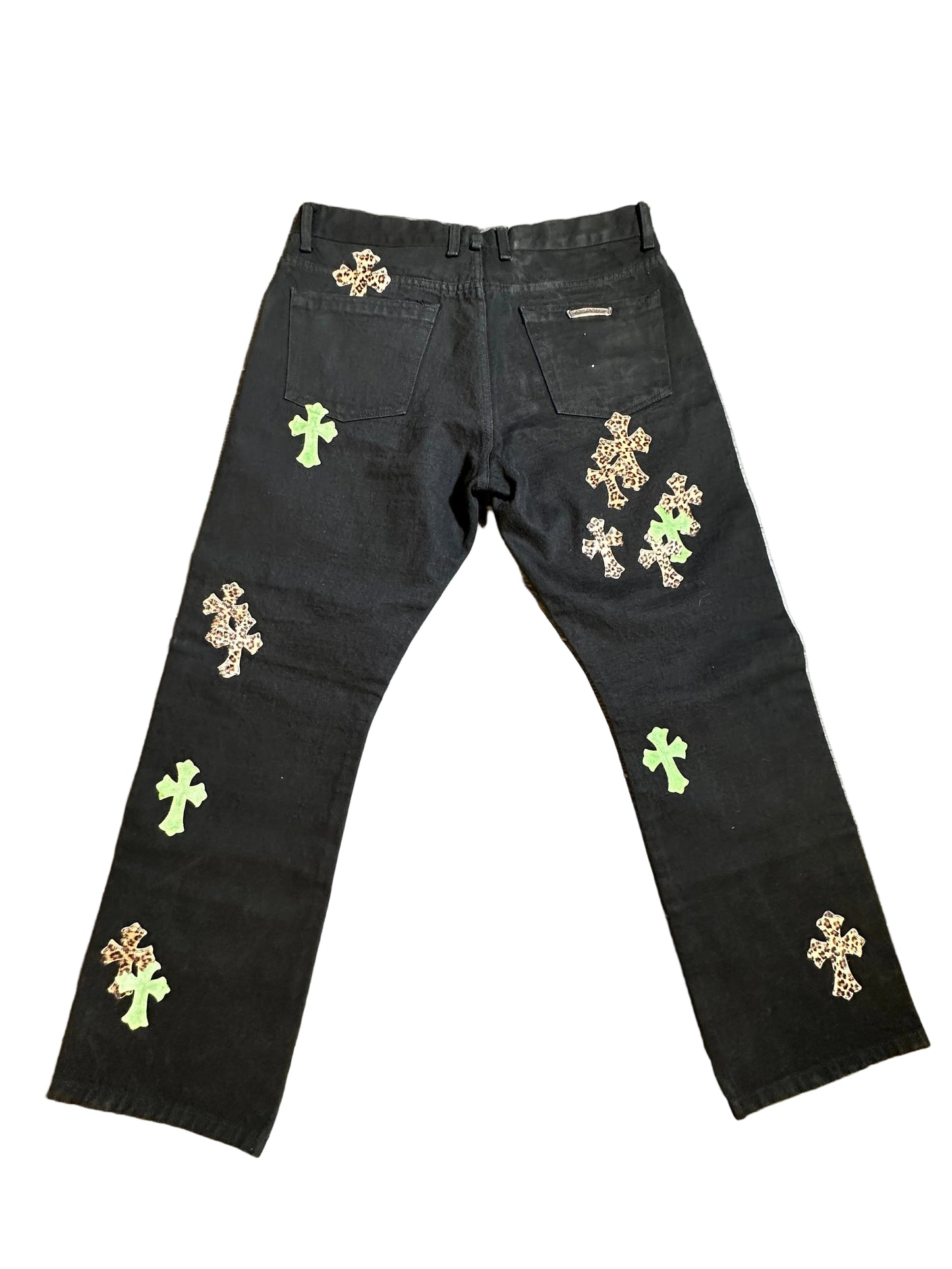 ($17,000) Chrome Hearts Black Green & Leopard Cross Patch Jeans sz 36
