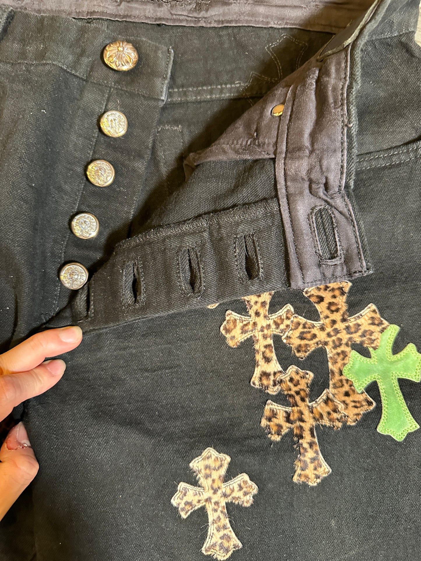 ($17,000) Chrome Hearts Black Green & Leopard Cross Patch Jeans sz 36