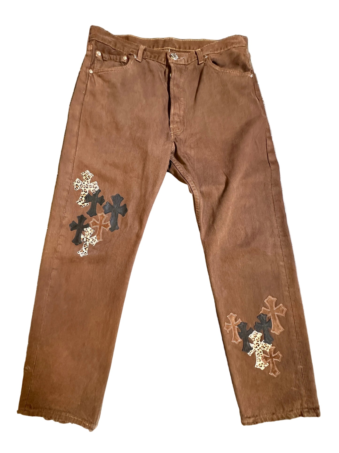 ($17,500) Chrome Hearts Brown Cross Patch Denim Jeans sz 34