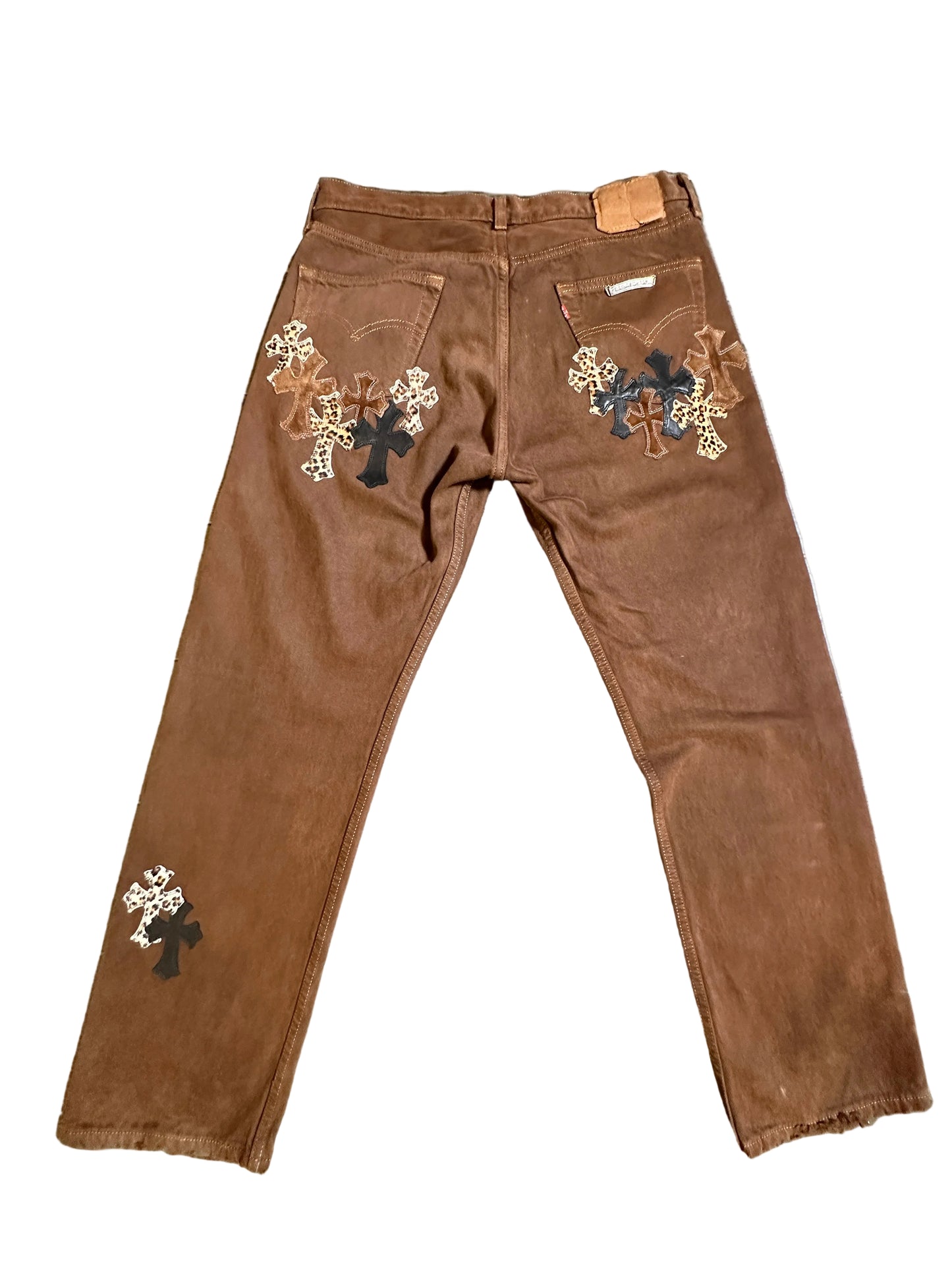 ($17,500) Chrome Hearts Brown Cross Patch Denim Jeans sz 34