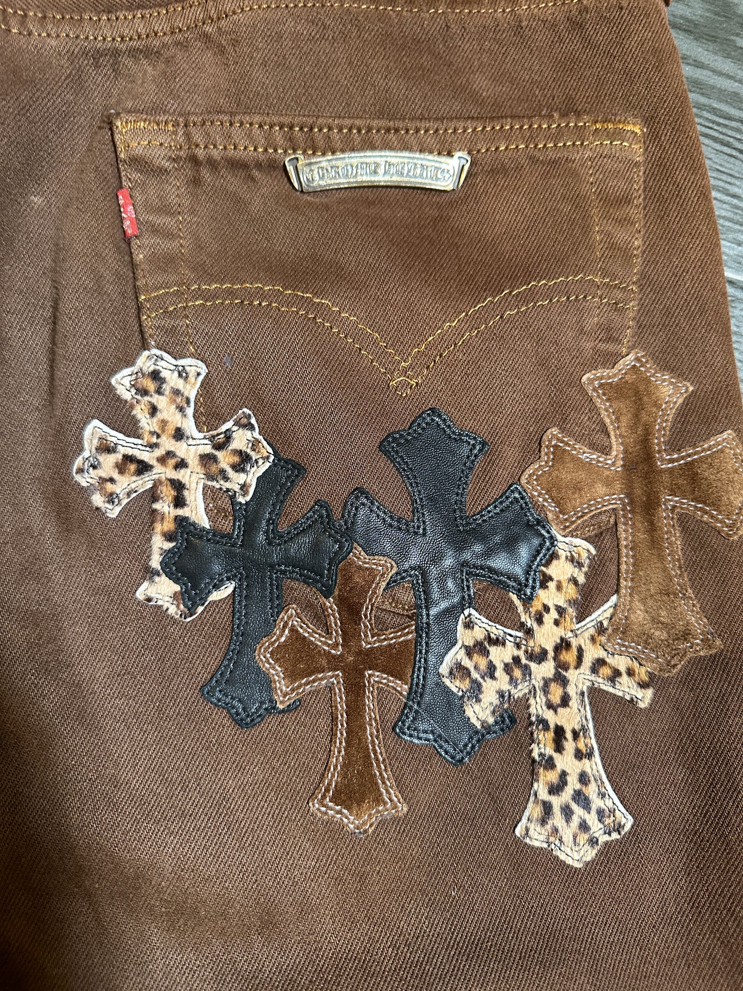 ($17,500) Chrome Hearts Brown Cross Patch Denim Jeans sz 34