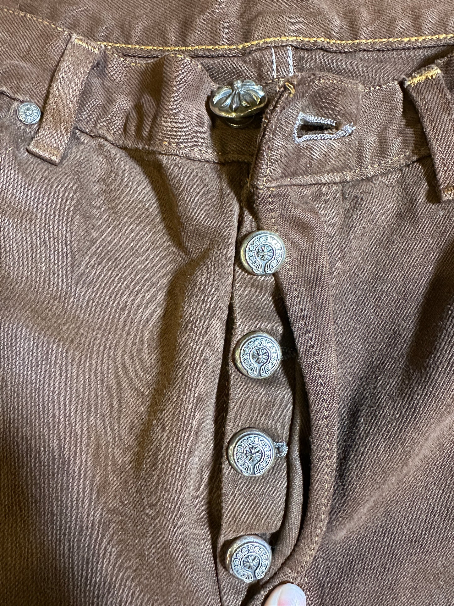 ($17,500) Chrome Hearts Brown Cross Patch Denim Jeans sz 34