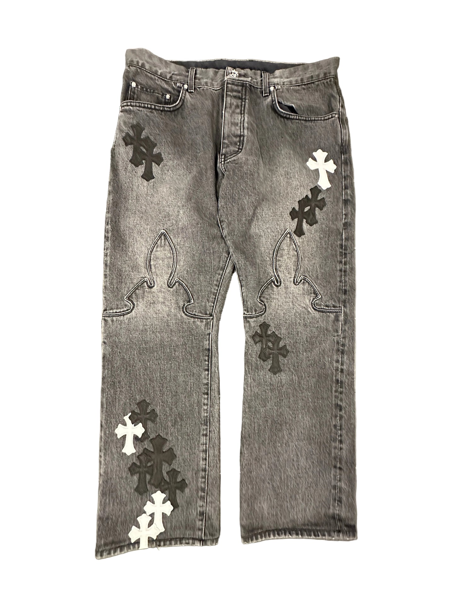 Chrome Hearts Fleur Knee Cross Patch Grey Jeans W Black + White Patches sz 36