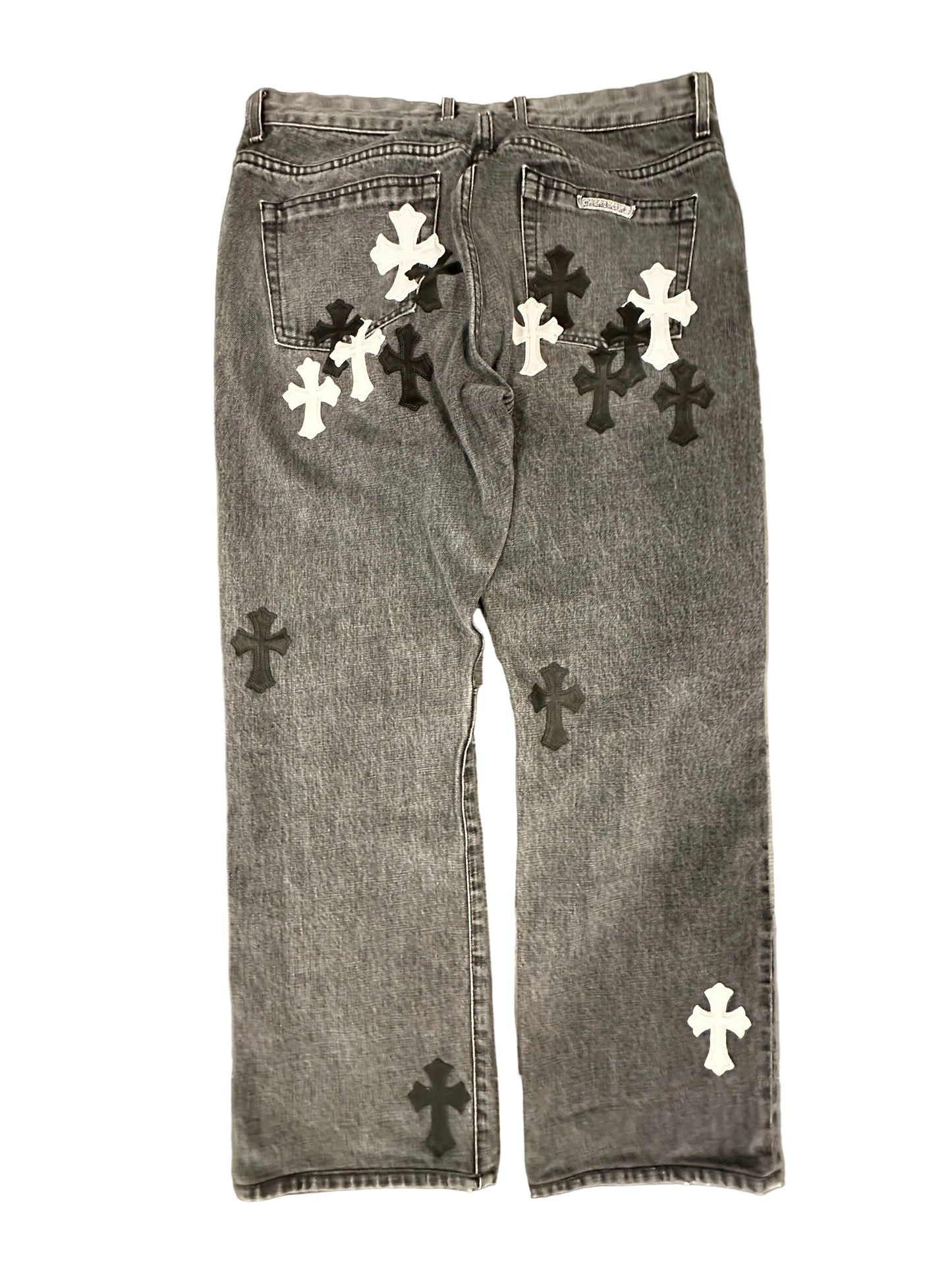 Chrome Hearts Fleur Knee Cross Patch Grey Jeans W Black + White Patches sz 36