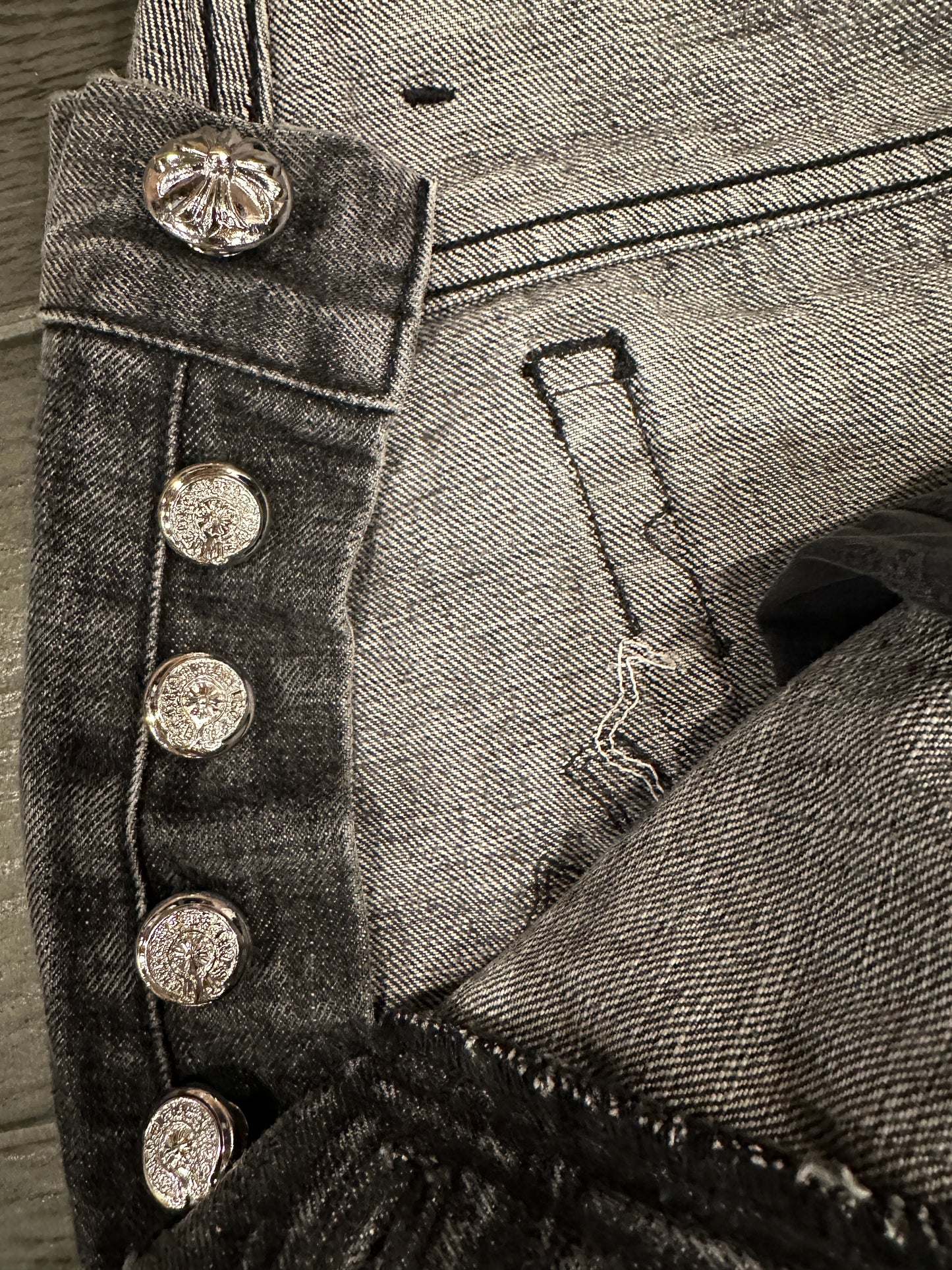 Chrome Hearts Fleur Knee Cross Patch Grey Jeans W Black + White Patches sz 36