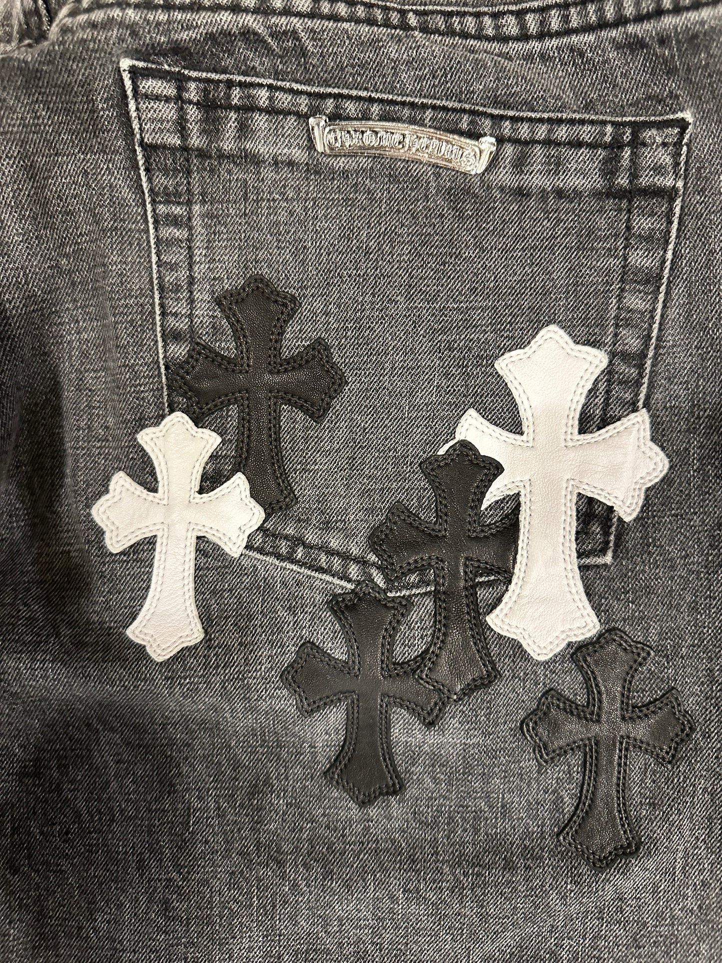 Chrome Hearts Fleur Knee Cross Patch Grey Jeans W Black + White Patches sz 36