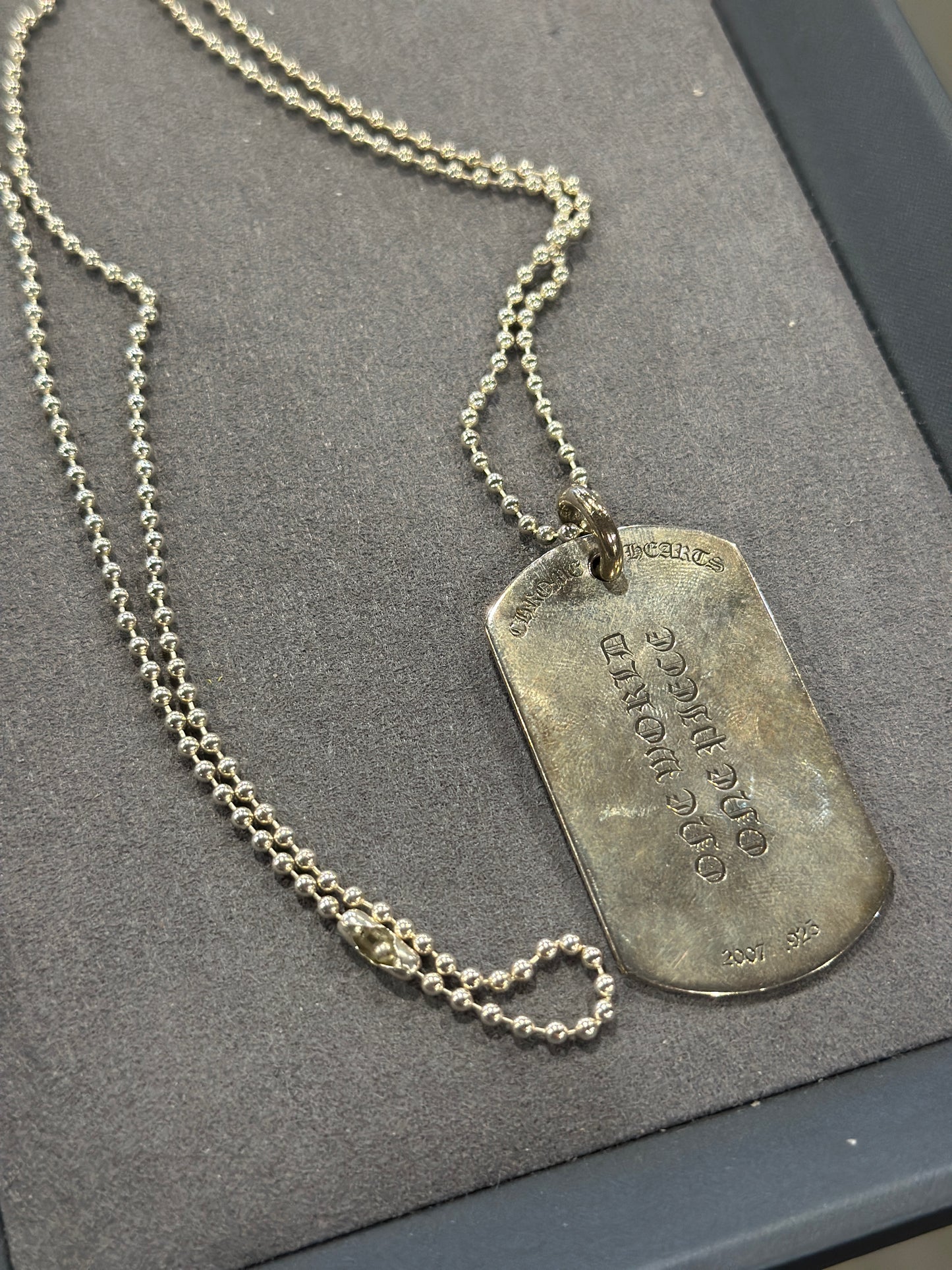 Chrome Hearts Dog Tag on Silver Bead Necklace 28in