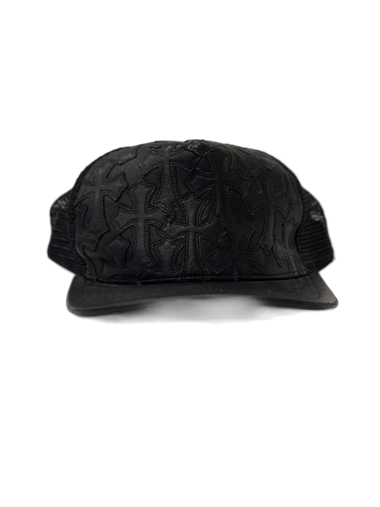 Chrome Hearts leather Cemetery Cross patch trucker hat