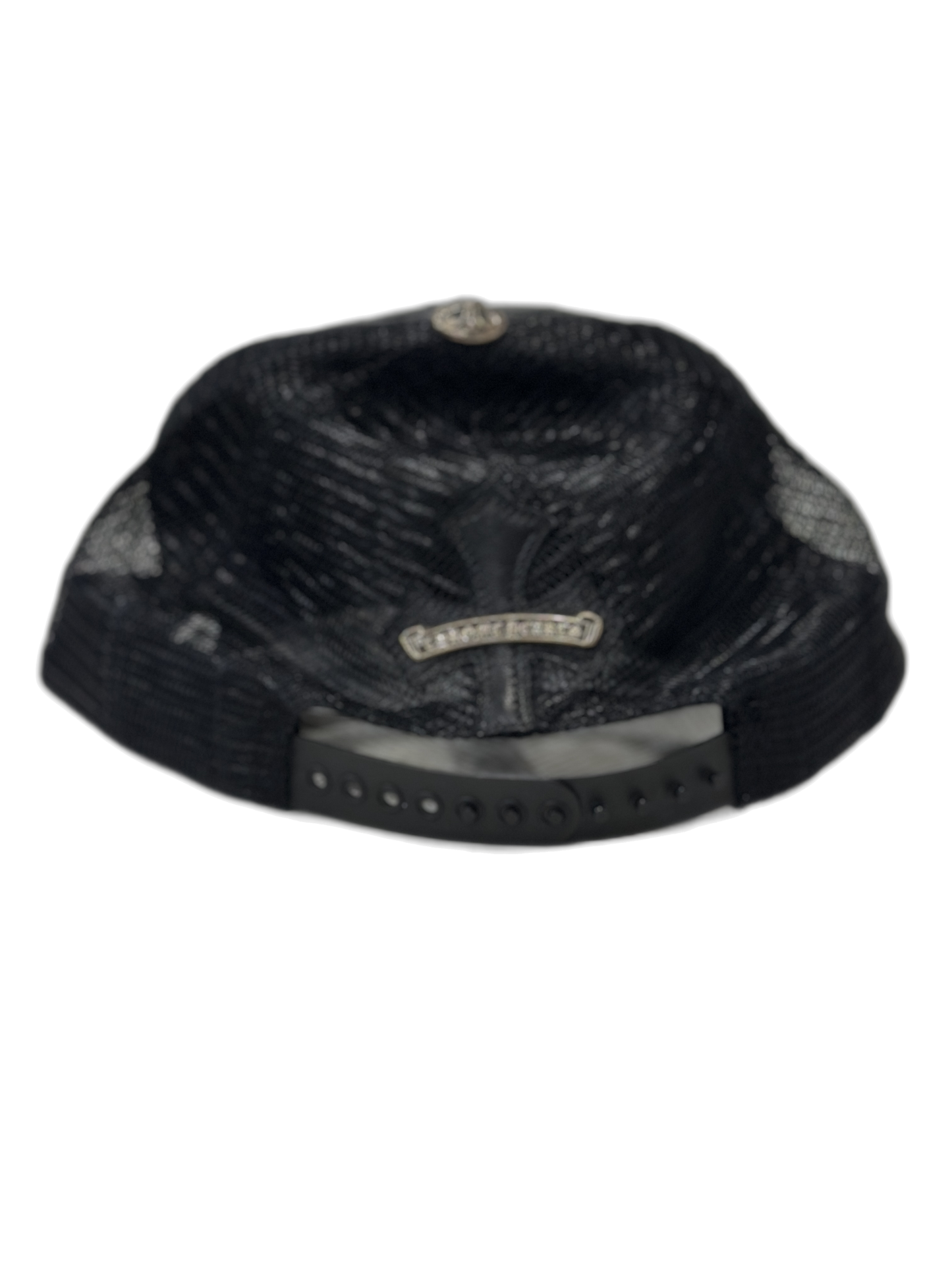Chrome Hearts leather Cemetery Cross patch trucker hat