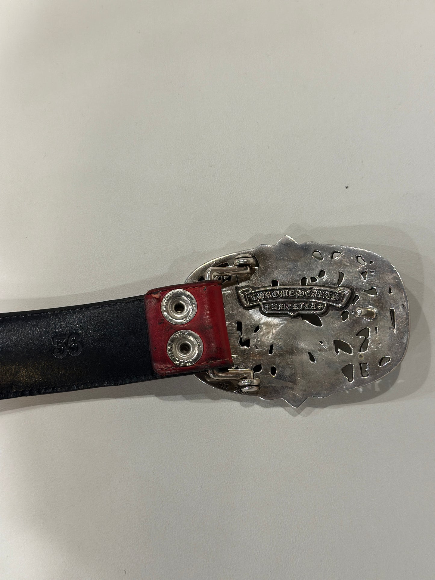 ($12,500) chrome hearts cemetery buckle with red leather belt sz 36